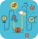 illistration of graphics on a squigly line including light bulb, gears, target and speach bubble