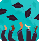 Illistration of hands raised in the air tossing graduation caps