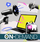 Illustration of a megaphone, tablet, and backpack with 'On-Demand' text on a gray background.