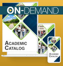 On-demand academic catalog cover with smartphone and laptop displaying the same design on a yellow background