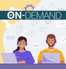 Two people with headsets on working on laptops with 'On-Demand' text and icons in the background