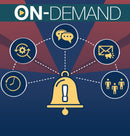 On-demand graphic with a bell icon and various icons on a blue and red background
