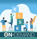 Illustration of people building blocks with letters on a blue background, featuring the word 'RISK' and on-demand text