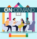Illustration of four people sitting on a couch in front of a colorful house with on-demand text.