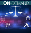 Legal theme with scales of justice, gavel, books, and magnifying glass on a blue background with on-demand text.