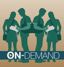 Silhouettes of four people with bags on a beige background with on-demand text.