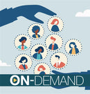 Illustration of two hands holding circular icons with diverse people on a light blue background with on-demand text