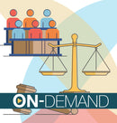 Illistration of people in a jury and a scale and gavel with on-demand text.