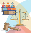 Illustration of a gavel, scales of justice, and a group of people on a colorful background