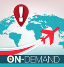 World map with a red airplane and exclamation mark icon, indicating travel or alert with on-demand text