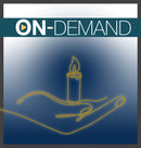 Outline of a hand holding a lit candle on a gradient blue background with on-demand text