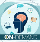Illustration of a head with a brain, surrounded by icons representing education, technology, and time management with on-demand text.