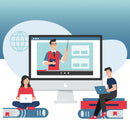 Illustration of two people using laptops with a teacher on a screen, set against a blue gradient background.