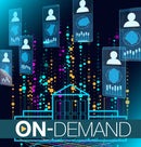 Digital cityscape with data icons and building outlines on a dark background with on-demand text.
