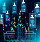 Digital cityscape with data icons and building outlines on a dark background