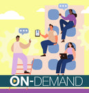 Illustration of people sitting on blue chairs with speech bubbles, one person using a ladder to reach a higher chair with on-demand text