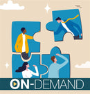 Illustration of people fitting together like puzzle pieces on a beige background with on-demand text