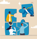 Illustration of people fitting together like puzzle pieces on a beige background