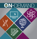 Set of educational icons on a gray background with on-demand text