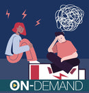 Illustration of two people sitting on a bench with a low battery symbol with on-demand text