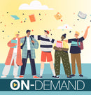 Illustration of five young people standing together with books and bags, set against a yellow background with boks and confetti in the air with on-demand text.