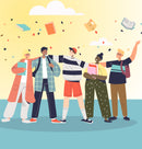 Illustration of five young people standing together with books and bags, set against a yellow background with boks and confetti in the air.