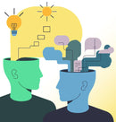 Illustration of two heads with thought bubbles and a light bulb, symbolizing ideas and communication.