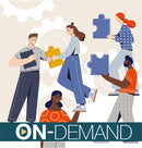 Illustration of college students holding puzzle pieces on a beige background with on-demand text