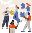 Illustration of college students holding puzzle pieces on a beige background