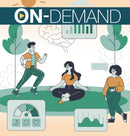 Illustration of people sitting on grass with icons representing health and wellness with on-demand text