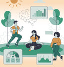 Illustration of people sitting on grass with icons representing health and wellness.