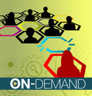 Hexagonal cut outs with silhouettes of people in them on a green background with on-demand text