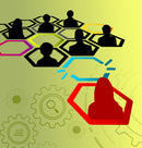 Hexagonal cut outs with silhouettes of people in them on a green background