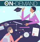 Illustration of two people sitting together with educational items around them on a light blue background with on-demand text