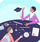 Illustration of two people sitting together with educational items around them on a light blue background.