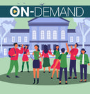 Group of prosepctive students with a tour guide in front of a school building with on-demand text