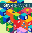 Colorful geometric cube pattern with various icons on a light green background with on-demand text