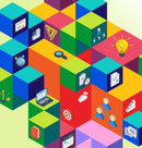 Colorful geometric cube pattern with various icons on a light green background