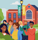 Illustration of people in front of a school building with 'Open House' banners.