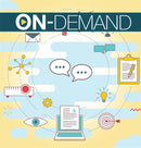 Graphic with data collection and sharing icons like computer, mega phone, ruler, and target with on-demand text