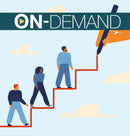 Illustration of four people walking up red steps toward a large hand holding a pen, with on-demand text