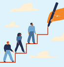 Illistration of peopel climbing stairs with a cloudy blue sky background