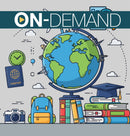 Illustration of a globe, books, backpack, camera, passport, and airplane with on-demand text.