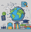 Illustration of a globe, books, backpack, camera, passport, and airplane.