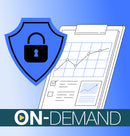 Shield with a lock icon and a clipboard with graphs and forms on a blue background with on-demand text