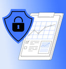 Shield with a lock icon and a clipboard with graphs and forms on a blue background