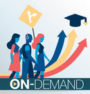 Illustration of three people walking with educational symbols like a graduation cap and arrows on a light blue background with on-demand text.