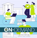 Illustration of people studying and working using disability accomodations on a campus with buildings and books with on-demand text.