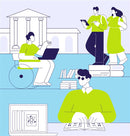 Illustration of people studying and working using disability accomodations on a campus with buildings and books.