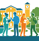 Illustration of four people in front of a school building with a clock tower.